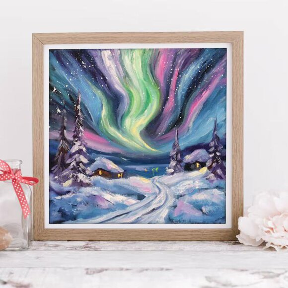 Original Painting of Northern Lights on Canvas 10x10" Wall Art Oil Painting - Picture 3 of 11